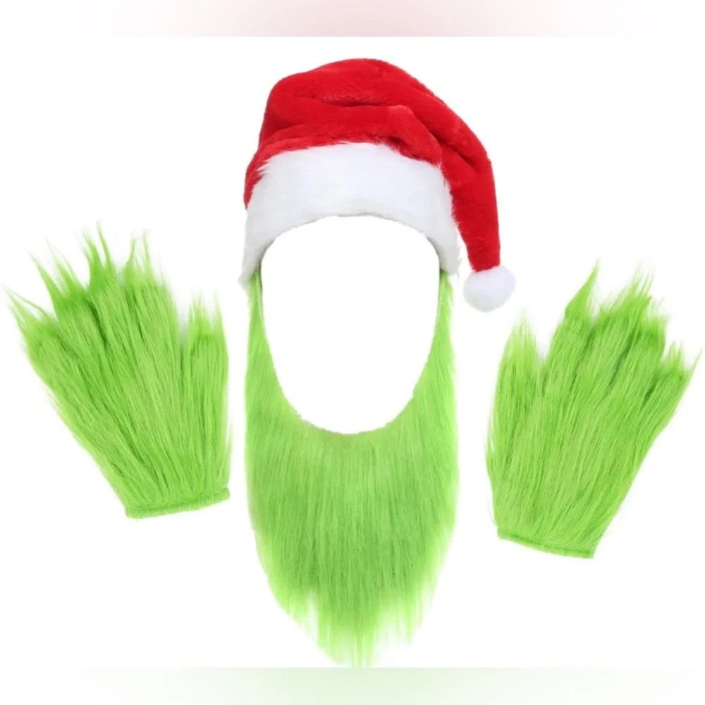 Mens Green Beard Santa Hat with Furry Gloves for Adult Christmas Cosplay Costume